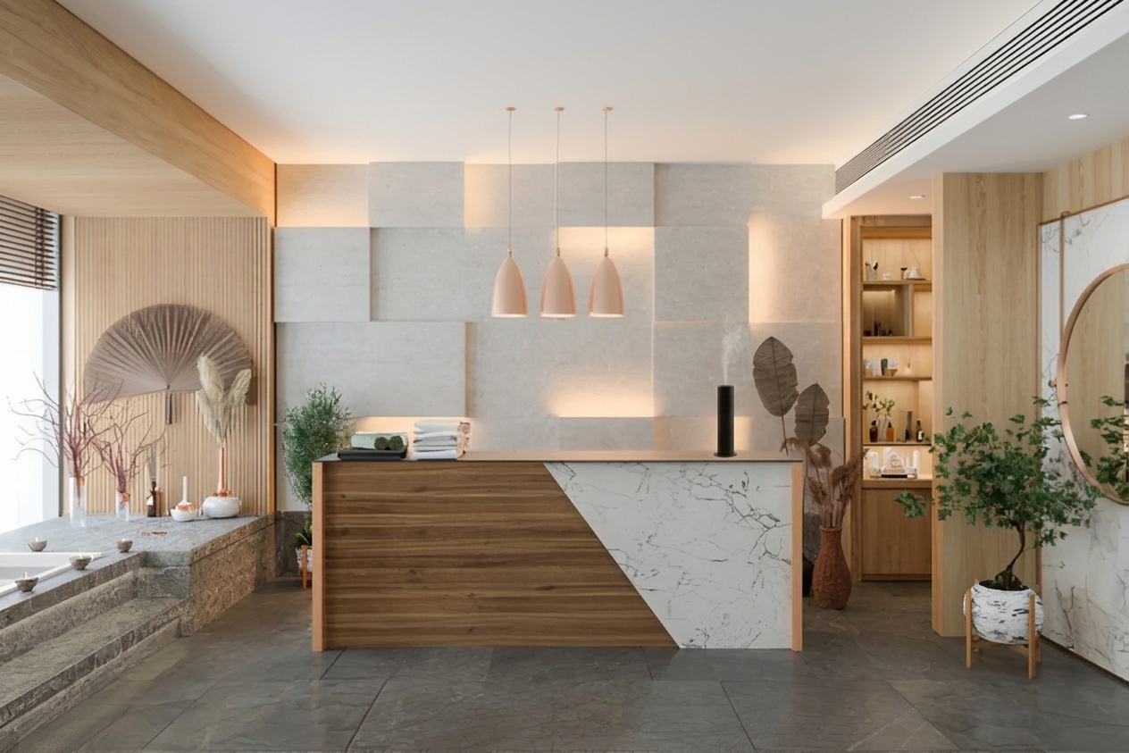 difusores directos Recepción con mostrador de madera y plantas en un espacio interior